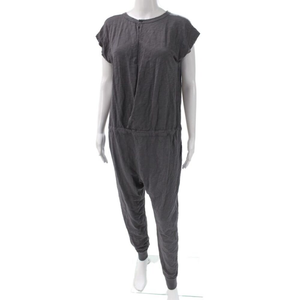 Leallo Women Jumpsuit Dark Gray Cotton Short Sleeve Round Neck Size L